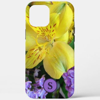 Monogram Floral Lilies & Lilacs Yellow & Purple Case-Mate iPhone Case by Sandyspider