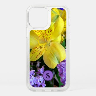 Monogram Floral Lilies & Lilacs Yellow & Purple Speck iPhone Case by Sandyspider