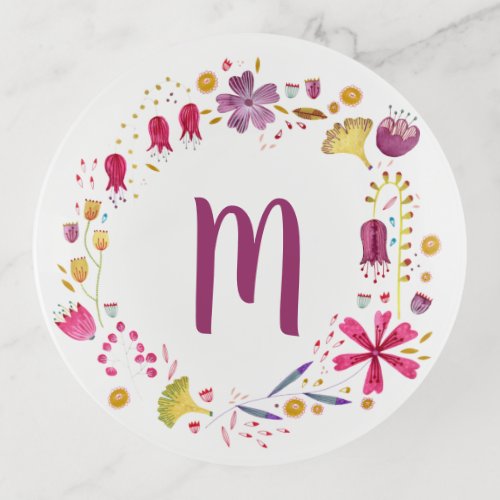 Monogram Floral Modern Watercolor Trinket Tray