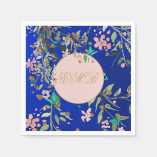 Monogram Floral Navy Blue Elegant Gold Birthday Napkins