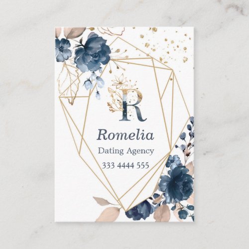 Monogram floral navy blue watercolor confetti business card