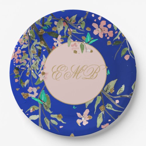 Monogram Floral Navy Pink  Elegant Gold Birthday Paper Plates