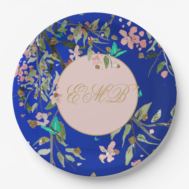 Monogram Floral Navy Pink  Elegant Gold Birthday Paper Plates (Front)