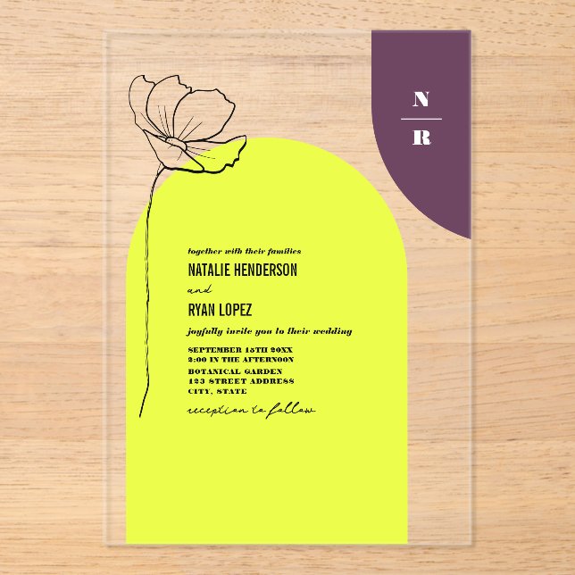 Monogram Floral Neon + Plum Geometric Wedding  Acrylic Invitations (Front)