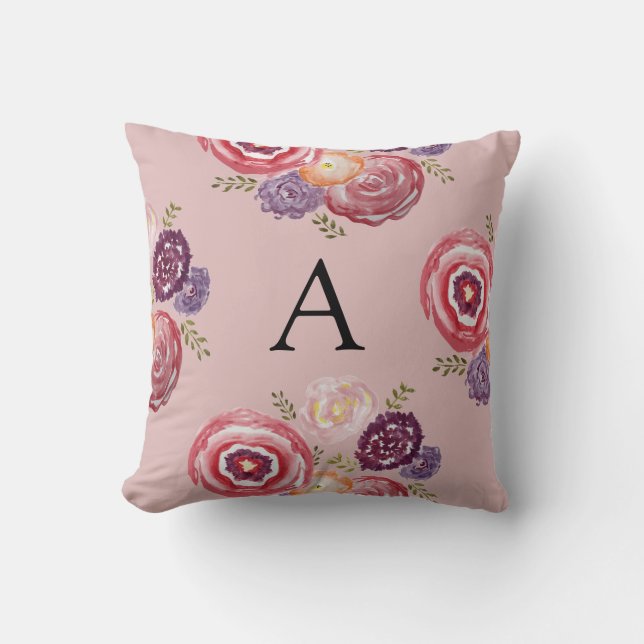 Monogram Floral Painting Throw Pillow (Front)