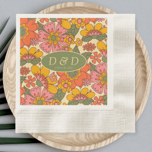 Monogram Floral Pattern Retro Boho 70s Wedding Napkins