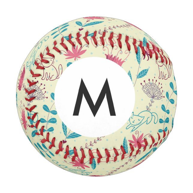 Monogram Floral pattern with cartoon cats Baseball (Front Left)