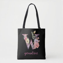 monogram floral personalized black pink letter W