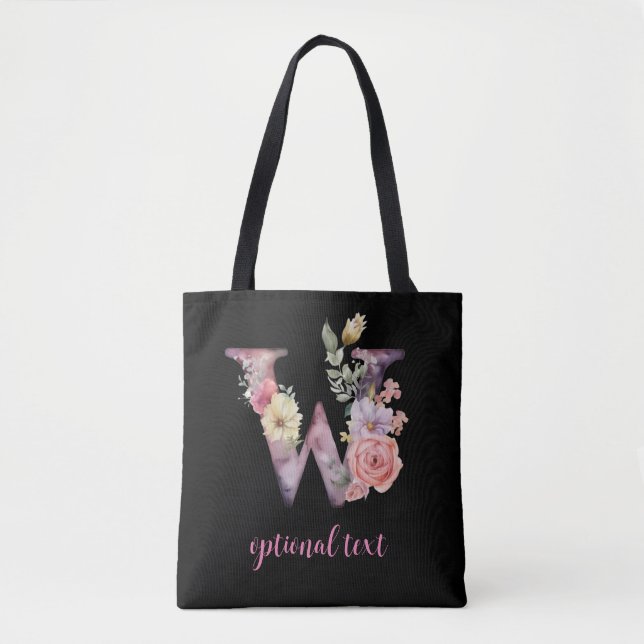 monogram floral personalized black pink letter W Tote Bag (Front)