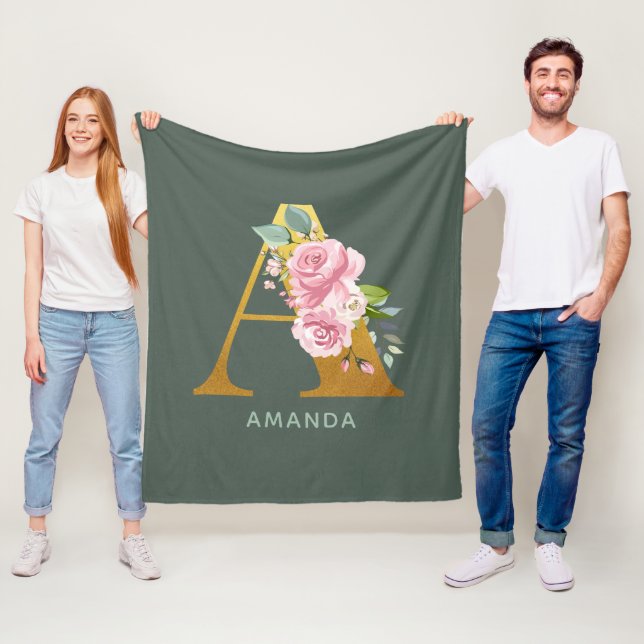 Monogram Floral Personalized Botanical Letter A Fleece Blanket (In Situ)
