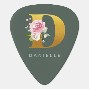 Monogram Floral Personalized Faux Gold Letter D Guitar Pick