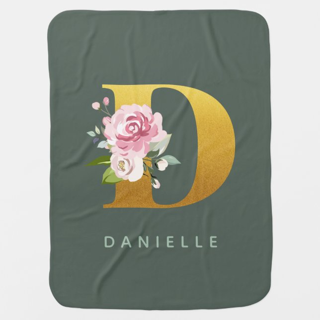 Monogram Floral Personalized Gold Letter D Baby Blanket (Front)