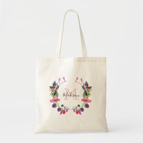 Monogram Floral Personalized Name Tote Bag