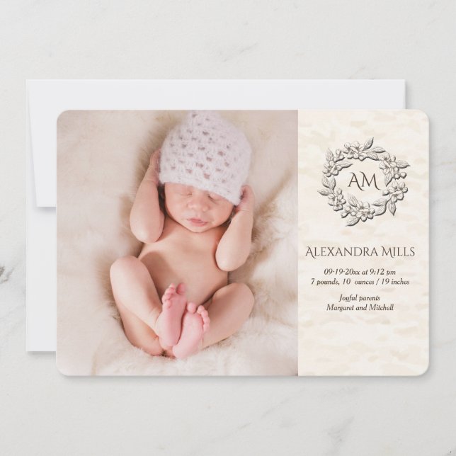 Monogram Floral Photo Birth Announcement (Front)