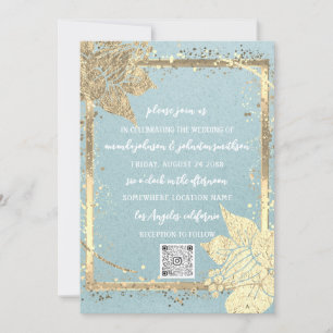 Monogram Floral Photo Gold Frame QRCode Blue Kraft Invitation