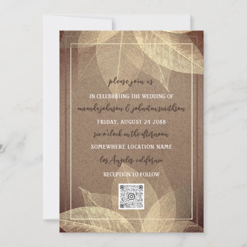 Monogram Floral Photo Gold QR Code Kraft Brown Invitation