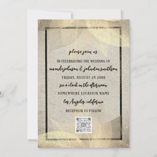 Monogram Floral Photo Gold QR Code Rustic Frame Invitation