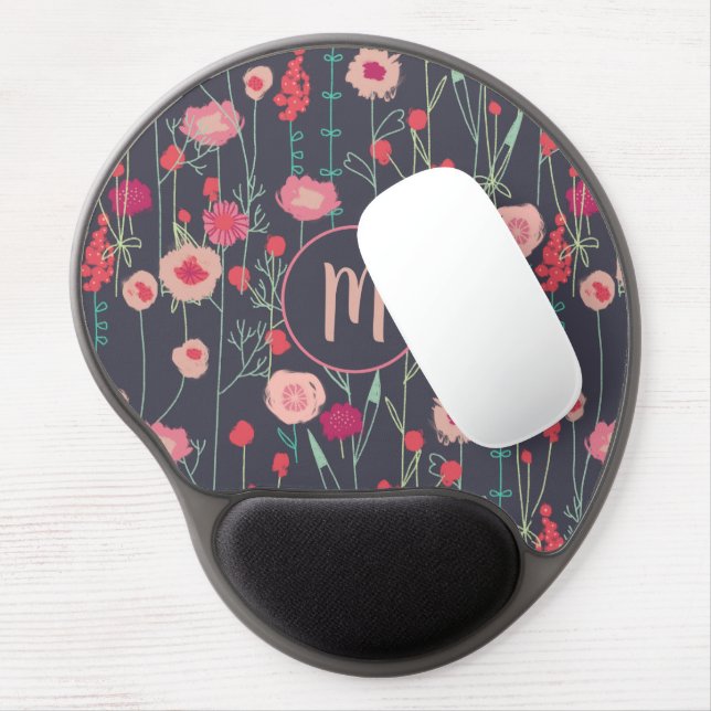 Monogram Floral Pink Black Gel Mouse Pad (Left Side)