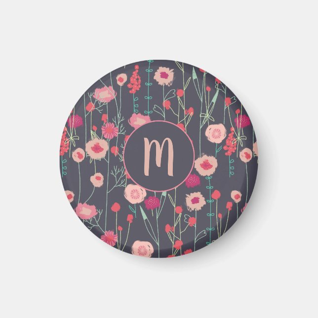 Monogram Floral Pink Black Magnet (Front)