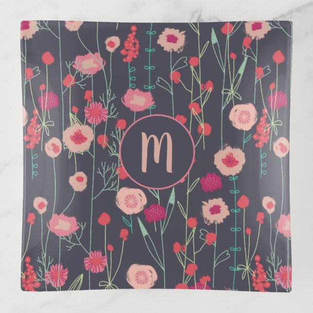 Monogram Floral Pink Black Trinket Tray (Front)