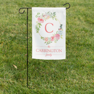 Monogram Floral Pink Family Name  Garden Flag
