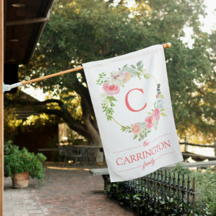 Monogram Floral Pink Family Name  House Flag