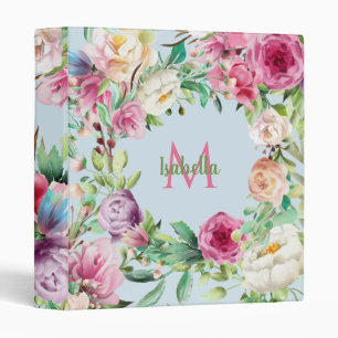 Monogram Floral Pink Green Blue Watercolor  3 Ring Binder