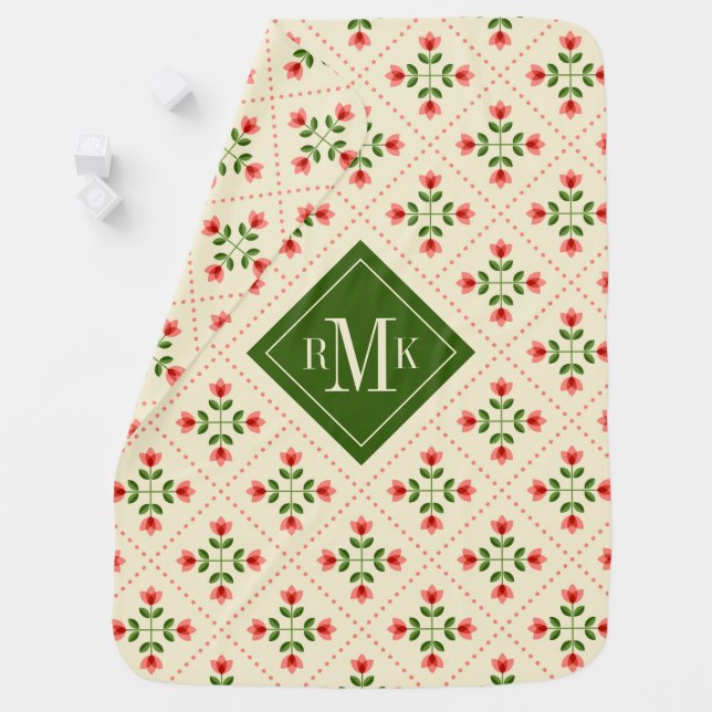Monogram | Floral Pink & Green Quilt Folk Art Baby Blanket (In Situ)