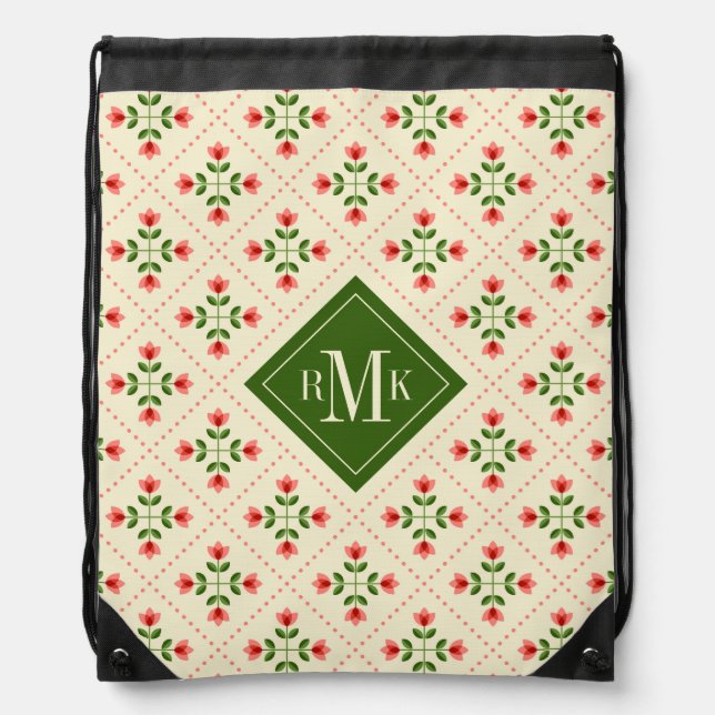 Monogram | Floral Pink & Green Quilt Folk Art Drawstring Bag (Front)