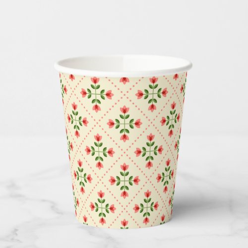 Monogram  Floral Pink  Green Quilt Folk Art Paper Cups