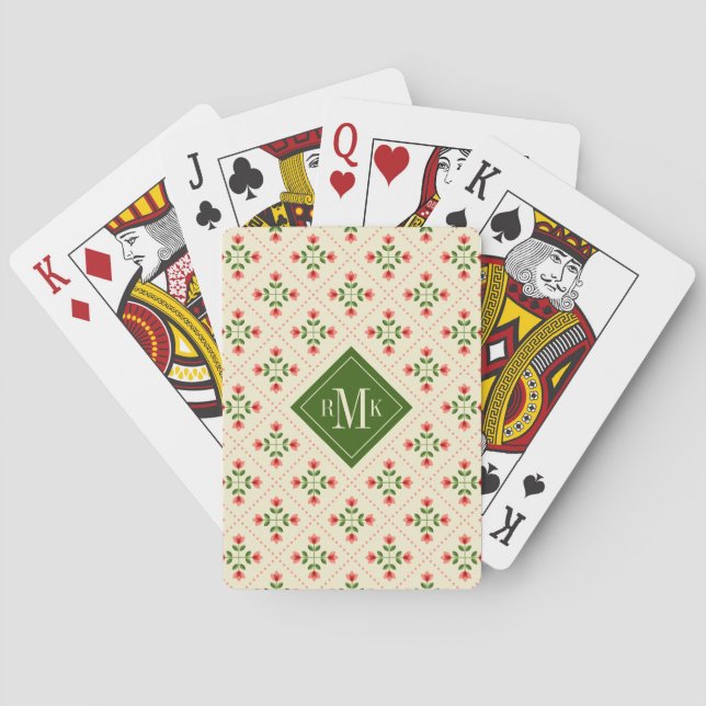 Monogram | Floral Pink & Green Quilt Folk Art Poker Cards (Back)