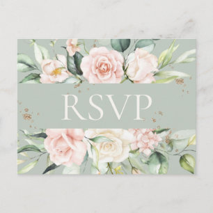 Monogram Floral Pink Green Watercolor RSVP  Postcard