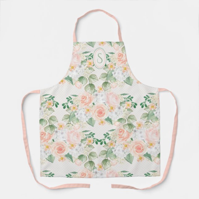 Monogram Floral Pink Peach Green Apron (Front)