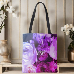 Monogram floral pink purple blue bouquet photo  tote bag