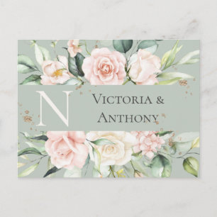 Monogram Floral Pink Watercolor Save the Date Postcard