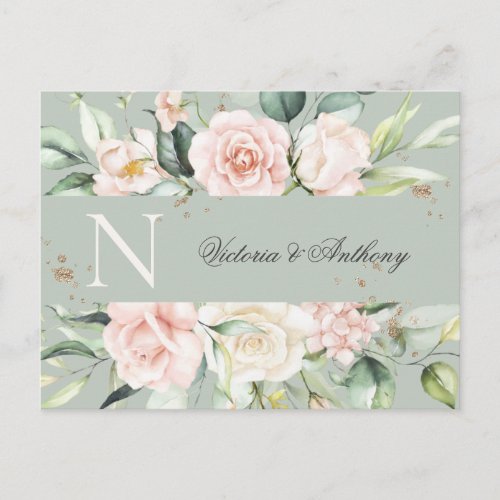 Monogram Floral Pink Watercolor Save the Date Postcard