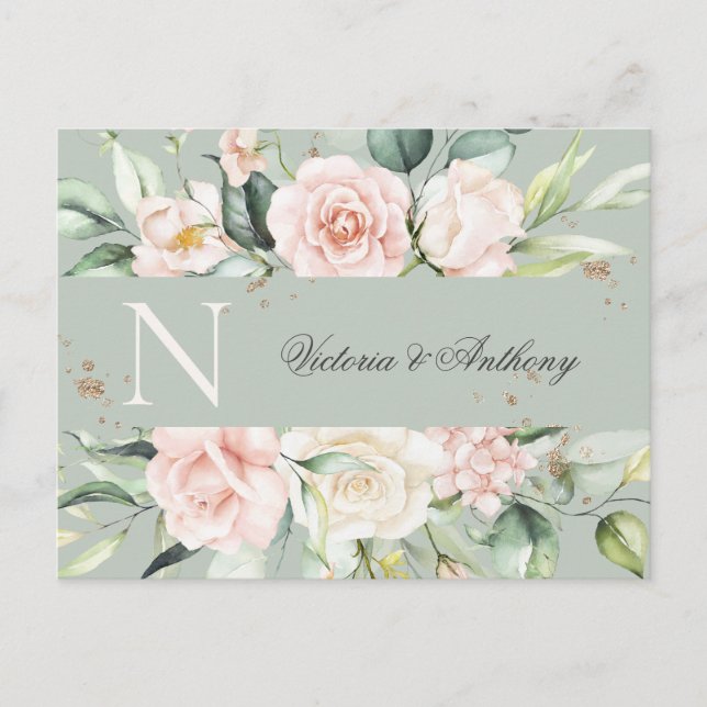 Monogram Floral Pink Watercolor Save the Date Postcard (Front)