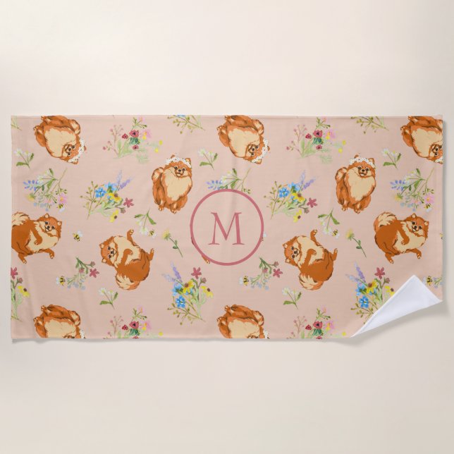 Monogram Floral Pomeranian Pattern Blush Pink  Beach Towel (Front)