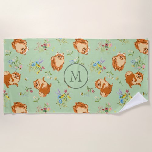 Monogram Floral Pomeranian Pattern Green Beach Towel