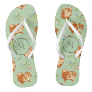 Monogram Floral Pomeranian Pattern Green Flip Flops