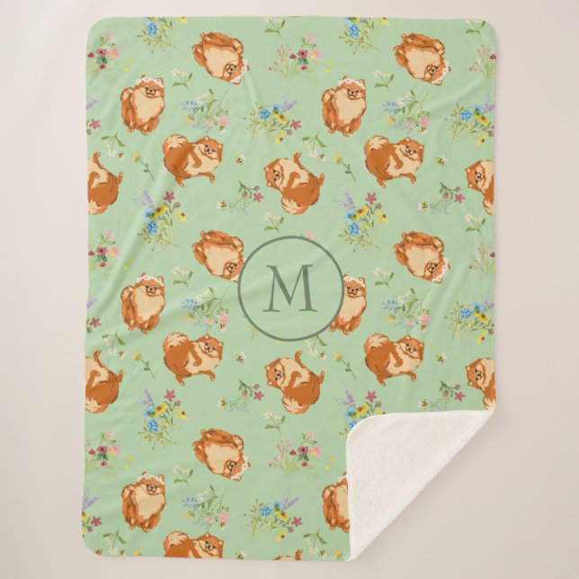 Monogram Floral Pomeranian Pattern Mint Green Sherpa Blanket (Front)