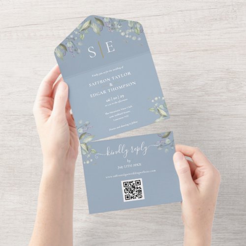 Monogram Floral QR Code Dusty Blue Wedding All In One Invitation