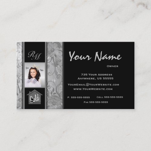 Monogram Floral Real Estate Photo Business Cards 1