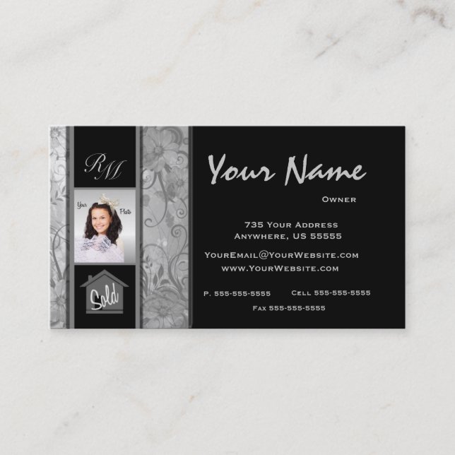 Monogram Floral Real Estate Photo Business Cards 1 (Front)