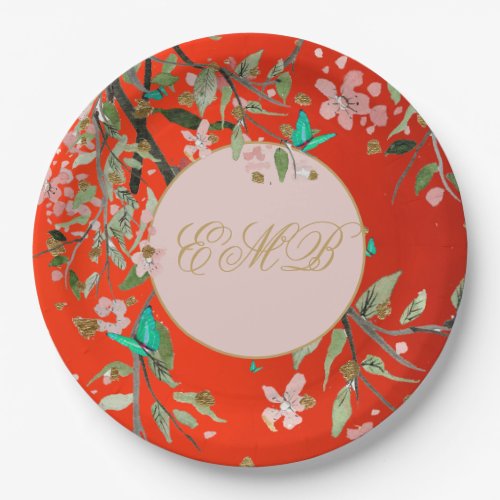 Monogram Floral Red Pink  Elegant Gold Birthday Paper Plates