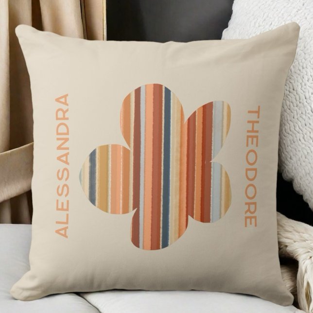 Monogram floral retro stripe 70s boho orange cream lumbar pillow (Creator Uploaded)