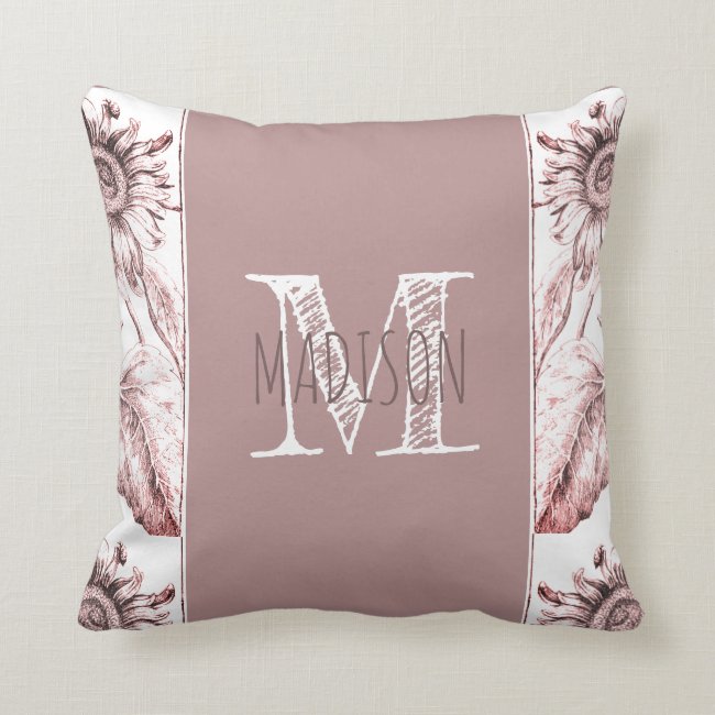 Monogram Floral Rose Brown & White Lumbar Pillow