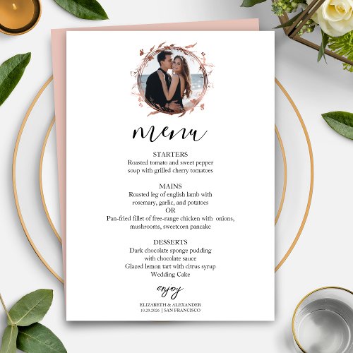 Monogram Floral Rose Gold Foil Photo Wedding Menu Invitation