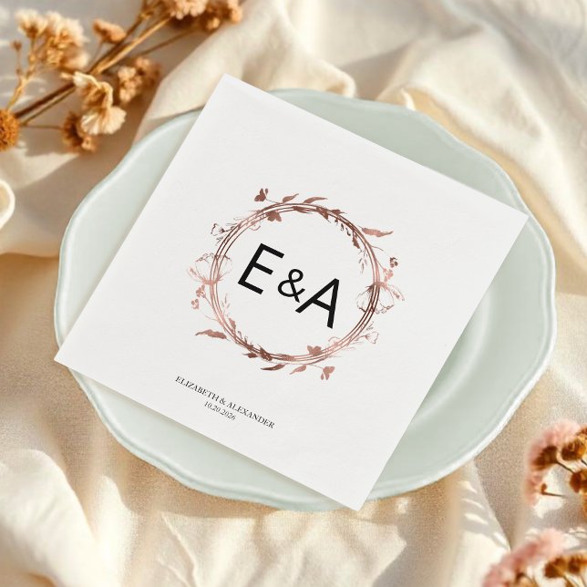 Monogram Floral Rose Gold Foil Wedding Napkins (Creator Uploaded)
