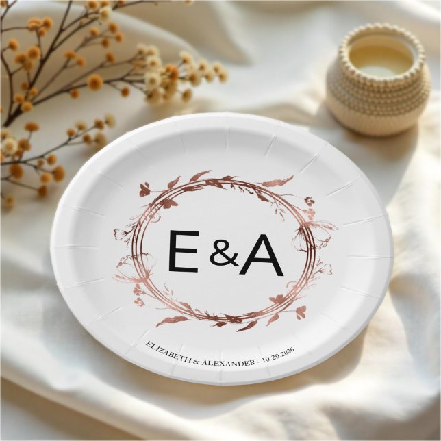 Monogram Floral Rose Gold Foil Wedding Paper Plates (Creator Uploaded)